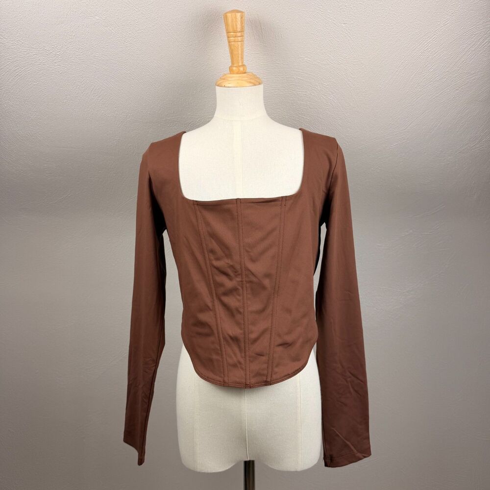 REORIA Square-Neck Long Sleeve Backless Boned Corset Crop Top Large